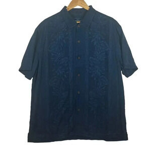 Tommy Bahama Denim Blue Silk Short Sleeve Hawaiian Button Down Shirt Size XXL‎